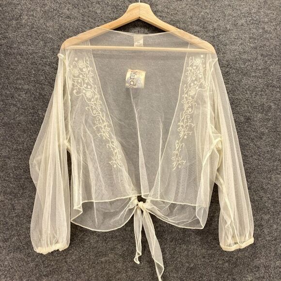 New Mudd Top Women XL Beige Floral Embroidered Sheer Tie Up V-Neck Long Sleeve - Picture 2 of 8
